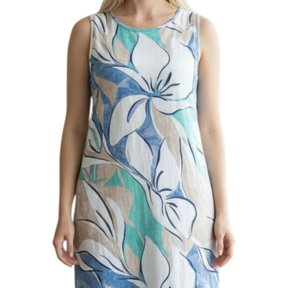 CHICOS 0 Dress Blue GreenTan White Multi Floral Sleeveless Hi Low Casual Small - Picture 3 of 5